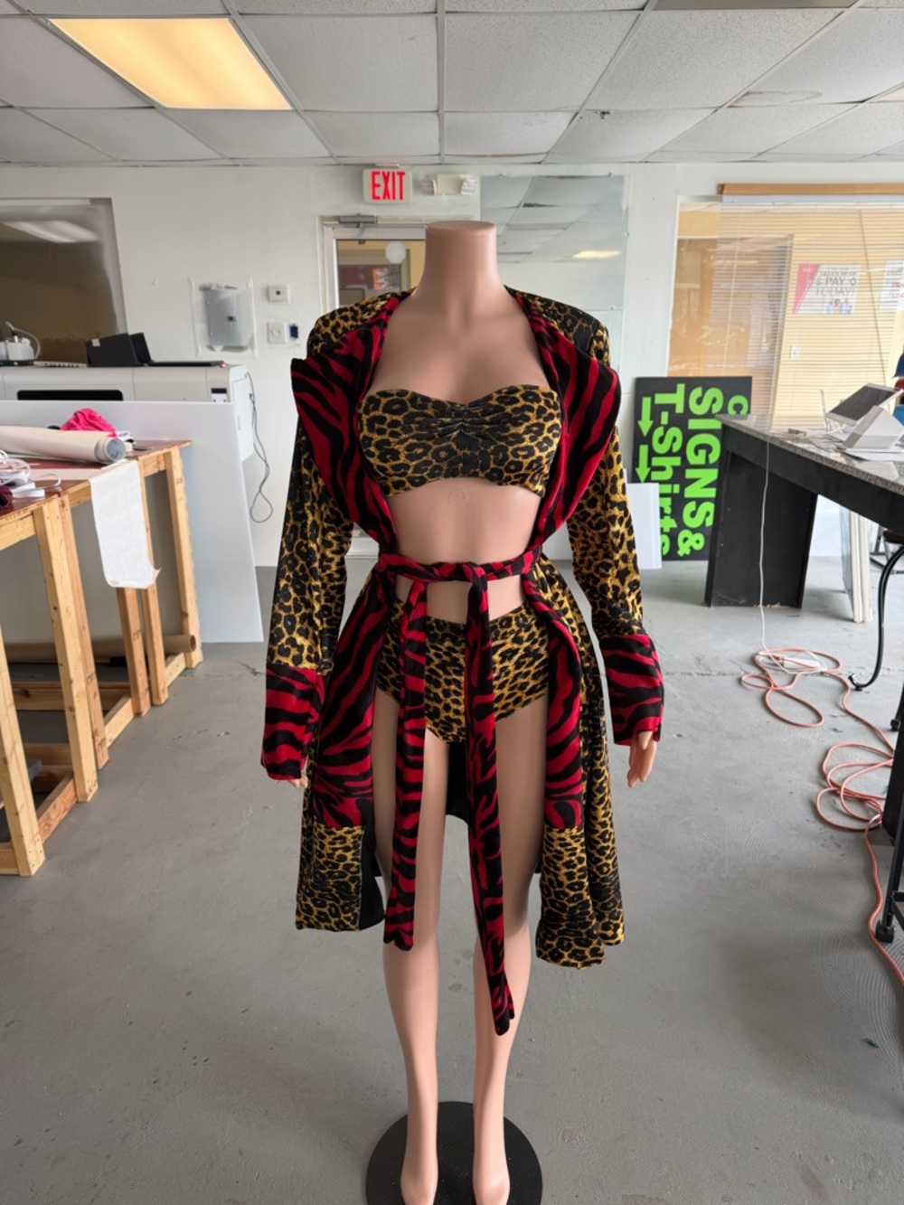 Leopard & Red Zebra Print Belted Pea Coat
